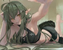 Rule 34 | 1girl, ahoge, alternate costume, arknights, armpits, bare arms, bare shoulders, blush, breasts, cleavage, female focus, gavial (arknights), green hair, grin, hair between eyes, hair ornament, hairclip, highres, leg up, long hair, looking at viewer, lying, noccu, on floor, on stomach, pointy ears, revision, shorts, smile, solo, tank top, teeth, very long hair, x hair ornament, yellow eyes