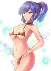 Rule 34 | 1girl, bikini, breasts, collar, commentary request, glitter, highres, large breasts, light smile, looking at viewer, nail polish, one-hour drawing challenge, purple hair, red eyes, shiny clothes, simple background, solo, swimsuit, touhou, y2, yasaka kanako