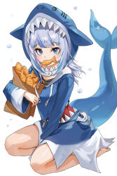 Rule 34 | 1girl, absurdres, animal hood, bag, barefoot, blue eyes, blue hair, blunt bangs, bubble, delfin59, fins, fish tail, food, food in mouth, full body, gawr gura, gawr gura (1st costume), highres, holding, holding food, hololive, hololive english, hood, looking at viewer, medium hair, paper bag, seiza, shark tail, simple background, sitting, solo, tail, taiyaki, virtual youtuber, wagashi, white background