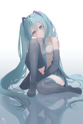 Rule 34 | 1girl, absurdres, aqua eyes, aqua hair, aqua necktie, black skirt, breasts, commentary, commission, detached sleeves, expressionless, full body, hair between eyes, hatsune miku, highres, long hair, looking at viewer, medium breasts, necktie, shirt, skirt, sleeveless, sleeveless shirt, tachibana shiori (suica 112), thighhighs, twintails, very long hair, vocaloid