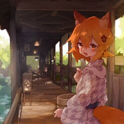 Rule 34 | 1girl, :d, animal ear fluff, animal ears, clothing cutout, commentary request, flower, fox ears, fox girl, fox tail, hair flower, hair ornament, houndstooth, japanese clothes, kimono, looking at viewer, looking back, open mouth, orange eyes, outdoors, print kimono, red flower, rimukoro, senko (sewayaki kitsune no senko-san), sewayaki kitsune no senko-san, smile, solo, tail, tail through clothes, washbowl