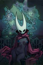 Rule 34 | 1girl, aoncyth, black skin, blue nipples, blush, breasts, cape, cloak, colored nipples, colored skin, helmet, highres, hollow knight, hornet (hollow knight), horns, night, nipples, nude, pussy, third-party edit, white headwear