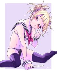 Rule 34 | 10s, 1girl, blonde hair, blunt bangs, blush, boku no hero academia, clenched hand, double bun, fangs, hair bun, highres, ikapnmn2, knife, looking at viewer, messy hair, outline, purple eyes, sailor collar, sitting, solo, swimsuit, thighhighs, toga himiko, wariza, white outline, wrist cuffs