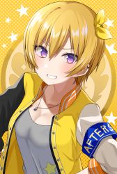 Rule 34 | 1girl, armband, blonde hair, blush, bow, breasts, buttons, cleavage, gomashi (goma), grey shirt, grin, hair bow, highres, idolmaster, idolmaster shiny colors, jacket, jewelry, letterman jacket, long hair, looking at viewer, medium breasts, necklace, open clothes, open jacket, purple eyes, saijo juri, shirt, short hair, smile, solo, star (symbol), yellow background, yellow bow, yellow jacket