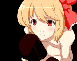 Rule 34 | 1girl, black thighhighs, blonde hair, dearmybrothers, embodiment of scarlet devil, face, fangs, female focus, flat chest, foreshortening, hair ribbon, nude, pussy, red eyes, ribbon, rumia, short hair, sitting, solo, thighhighs, touhou