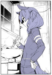 Rule 34 | 1girl, animal ears, chopsticks, closed mouth, commentary request, cooking, ear covers, from side, hand on own hip, hidori (hibi toridori), highres, holding, holding chopsticks, horse ears, horse girl, horse tail, indoors, jacket, long sleeves, monochrome, musical note, nice nature (umamusume), profile, solo, standing, steam, tail, umamusume, window