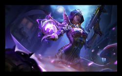 Rule 34 | 1girl, absurdres, armor, black border, blurry, blurry background, border, breasts, brown gloves, building, cowboy shot, dark-skinned female, dark skin, demon hunter sombra, diablo (series), diablo 3, energy ball, foreshortening, gloves, glowing, glowing eyes, gun, han ji, highres, holding, holding gun, holding weapon, hood, leather armor, light particles, lips, long sleeves, looking at viewer, medium breasts, night, official alternate costume, outdoors, overwatch, overwatch 1, parted lips, pauldrons, shoulder armor, smile, solo, sombra (overwatch), submachine gun, trigger discipline, upper body, weapon, yellow eyes