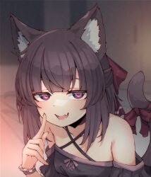 Rule 34 | 1girl, absurdres, animal ears, bow, brown hair, cat ears, cat tail, commentary, criss-cross halter, dot nose, fallenshadow, fang, frilled sleeves, frills, hair bow, halterneck, hand up, highres, indie virtual youtuber, open mouth, pink eyes, ribbon, single wrist cuff, skin fang, solo, tail, tail ornament, tail ribbon, valefal coneri, virtual youtuber, wrist cuffs