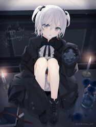 Rule 34 | 1girl, absurdres, anniversary, artist name, black bow, black footwear, black jacket, black shirt, blue flower, book, bow, candle, cup, earrings, flower, full body, grey eyes, hair bow, happy anniversary, highres, hugging own legs, iei000, indie virtual youtuber, jacket, jewelry, long sleeves, looking at viewer, loose clothes, medium hair, neck ribbon, nekomugi tororo, pants, parted lips, ribbon, rose, shirt, shorts, sitting, sleeves past fingers, sleeves past wrists, solo, twitter username, two side up, virtual youtuber, white hair, white pants