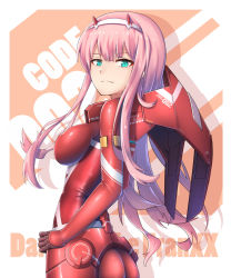 Rule 34 | 10s, 1girl, ass, bodysuit, breasts, character name, cowboy shot, darling in the franxx, from behind, gold trim, green eyes, highres, horns, kaiyi, long hair, looking at viewer, looking back, medium breasts, pilot suit, pink hair, red bodysuit, shiny clothes, sideboob, skin tight, smile, solo, standing, zero two (darling in the franxx)