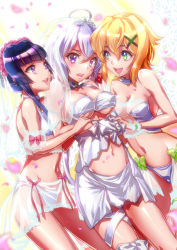 1000_(1000mm) 3girls ahoge akatsuki_kirika black_hair blonde_hair blunt_bangs breasts girl_sandwich green_eyes hair_ornament highres large_breasts light_purple_hair long_hair low_twintails medium_breasts multiple_girls navel pink_eyes purple_eyes revealing_clothes sandwiched senki_zesshou_symphogear shiny_skin short_hair tsukuyomi_shirabe twintails x_hair_ornament yukine_chris