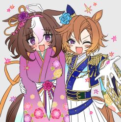 Rule 34 | 2girls, ahoge, animal ears, blue jacket, blush, blush stickers, breasts, brown hair, didi (whaqlrpwjd), ears down, epaulettes, flat chest, floral print, flower, gloves, hair flower, hair ornament, hairband, hakama, horse ears, horse girl, horse tail, jacket, japanese clothes, large breasts, long sleeves, looking at another, medium hair, meisho doto (padding sores should she go flying) (umamusume), meisho doto (umamusume), multicolored hair, multiple girls, obi, one eye closed, open mouth, orange hair, profile, purple eyes, reaching, reaching towards viewer, sash, short hair, skirt, smile, sweat, t.m. opera o (blue dazzle) (umamusume), t.m. opera o (umamusume), tail, tearing up, two-tone hair, umamusume, white gloves, white skirt