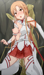 Rule 34 | 1girl, armor, asuna (sao), bare shoulders, belt, belt buckle, bestiality, blush, boots, braid, breasts, brown eyes, brown hair, buckle, bug, cave, covered collarbone, crown braid, cum, cum in pussy, dot nose, implied sex, interspecies, legs apart, long hair, looking at viewer, medium breasts, mingaru, nipples, one breast out, open mouth, praying mantis, rape, saliva, skirt, sword art online, teeth, thigh boots, thighhighs, tongue, tongue out, torn clothes, trembling, upper teeth only, vaginal