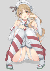 Rule 34 | 10s, 1girl, bad id, bad pixiv id, bare shoulders, breasts, brown eyes, brown hair, hair ornament, haru mari, hat, highres, kantai collection, large breasts, littorio (kancolle), long hair, necktie, panties, ponytail, sitting, skirt, smile, solo, underwear