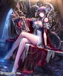 Rule 34 | 10s, 1girl, arm support, barefoot, black gloves, book, breasts, choker, cleavage, detached sleeves, dress, dutch angle, gloves, hair ornament, holding, holding book, irua, large breasts, crossed legs, long hair, looking at viewer, pointy ears, purple hair, red eyes, revealing clothes, shingeki no bahamut, short dress, sitting, sleeveless, sleeveless dress, smile, solo, strapless, strapless dress, white dress