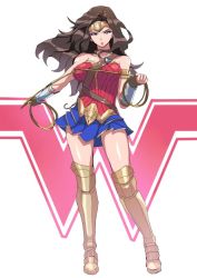 Rule 34 | 1girl, armor, belt, blue eyes, brown hair, dc comics, dccu, forehead protector, full body, lasso, pteruges, solo, strapless, vambraces, wonder woman, wonder woman (series)