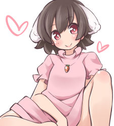 Rule 34 | 1girl, animal ears, black hair, blush, carrot, carrot necklace, dress, extra ears, heart, inaba tewi, jewelry, looking at viewer, necklace, pendant, pink dress, pink eyes, puffy sleeves, rabbit ears, short sleeves, simple background, sitting, smile, solo, spread legs, touhou, white background, yuuki (yuyuki000)
