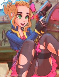Rule 34 | 1girl, absurdres, bad id, bad tumblr id, black pantyhose, blonde hair, caffeccino, corretto (caffeccino), fallout (series), fallout 4, green eyes, gun, handgun, highres, lipstick, makeup, md5 mismatch, original, panties, panties under pantyhose, pantyhose, pink skirt, resized, resolution mismatch, revolver, skirt, solo, source smaller, torn clothes, torn pantyhose, underwear, upscaled, watermark, weapon, web address, white panties