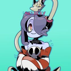 Rule 34 | 1girl, 770mk, aqua background, blue hair, character name, detached collar, hair over one eye, leviathan (skullgirls), neckwear request, red eyes, skullgirls, smile, squigly (skullgirls), stitched mouth, stitches, striped sleeves, upper body, yellow eyes, zombie