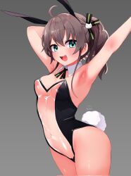Rule 34 | 1girl, ahoge, animal ears, armpits, bare legs, black bow, black bowtie, black leotard, black ribbon, blue eyes, bow, bowtie, breasts, brown hair, cat hair ornament, cowboy shot, detached collar, festa11307070, grey background, hair between eyes, hair ornament, hair ribbon, highres, hololive, large areolae, leotard, long hair, looking at viewer, meme attire, natsuiro matsuri, navel, pasties, playboy bunny, rabbit ears, rabbit tail, ribbon, see-through, see-through leotard, side ponytail, simple background, small breasts, smile, solo, standing, strapless, strapless leotard, tail, translucent bunnysuit, virtual youtuber, wrist cuffs