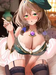 Rule 34 | 1girl, absurdres, arm between legs, bed, bed sheet, black thighhighs, blush, breasts, brown hair, circlet, cleavage, collarbone, commentary request, dress, flower, garter straps, gem, genshin impact, green eyes, hair between eyes, hair flower, hair ornament, highres, huge breasts, indoors, jewelry, lisa (genshin impact), long hair, looking at viewer, necklace, on bed, riflech, strap pull, sweat, table, thighhighs, vase, white dress