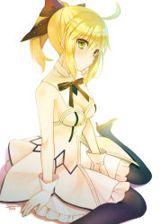 Rule 34 | 1girl, ahoge, artoria pendragon (all), artoria pendragon (fate), bare shoulders, black bow, black footwear, black pantyhose, blonde hair, blush, bow, closed mouth, detached collar, dress, fate/grand order, fate/stay night, fate/unlimited codes, fate (series), gloves, green eyes, hair between eyes, hair bow, head tilt, high heels, pantyhose, ponytail, saber lily, seiru (prairie), sidelocks, sitting, solo, strapless, strapless dress, wariza, white background, white dress, white gloves