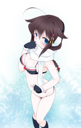 Rule 34 | 10s, 1girl, alternate breast size, bare shoulders, bikini, black bikini, blue eyes, braid, breasts, brown hair, covering own mouth, fingerless gloves, from above, gloves, hair between eyes, hair ornament, kantai collection, looking at viewer, medium breasts, midriff, multicolored bikini, multicolored clothes, perspective, scarf, scarf over mouth, shigure (kancolle), shigure kai ni (kancolle), shirogane (cufsser), single braid, solo, standing, swimsuit, white bikini, white scarf