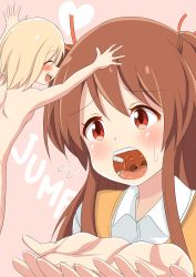 Rule 34 | 2girls, absurdres, blonde hair, blush, borrowed character, brown hair, closed eyes, cupping hands, female focus, giant, giantess, highres, multiple girls, nude, open mouth, original, own hands together, p tags, teeth, tongue, uvula