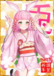 Rule 34 | 1girl, 2023, animal ears, azuse neko, blunt bangs, blush, chinese zodiac, commentary request, floral print, green eyes, grin, hair ornament, japanese clothes, kemomimi refle!, kimono, long hair, looking at viewer, new year, obi, pink hair, pink kimono, rabbit ears, rabbit girl, rabbit pose, sash, smile, solo, uno sakura, virtual youtuber, wide sleeves, year of the rabbit