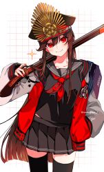 Rule 34 | 1girl, artist name, bag, black hair, black serafuku, black skirt, black thighhighs, crest, family crest, fate/grand order, fate (series), grey sailor collar, grid background, gun, hand in pocket, hat, highres, jacket, letterman jacket, long hair, military hat, multicolored clothes, multicolored jacket, musket, nail polish, neckerchief, oda nobunaga (fate), oda uri, open clothes, open jacket, peaked cap, pleated skirt, red eyes, red jacket, red nails, red neckerchief, sailor collar, school bag, school uniform, serafuku, simple background, skirt, smile, solo, sparkle, thighhighs, twitter username, two-tone jacket, weapon, white background, yui (tamagohan), zettai ryouiki