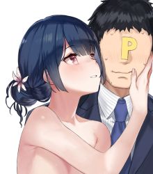 Rule 34 | 1boy, 1girl, 92m, black hair, black jacket, blue hair, blue neckwear, blunt bangs, blush, closed mouth, clothed male nude female, collarbone, commentary request, faceless, faceless male, flower, hair bun, hair flower, hair ornament, hand on another&#039;s cheek, hand on another&#039;s face, highres, idolmaster, idolmaster shiny colors, jacket, looking at another, morino rinze, necktie, nude, out-of-frame censoring, p-head producer, parted lips, producer (idolmaster), purple eyes, purple flower, short hair, simple background, single hair bun, sweat, upper body, white background