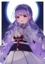 Rule 34 | 1girl, :d, belt, bow, bowtie, commission, conet510, copyright name, dress, full moon, highres, long hair, long skirt, looking at viewer, moon, moonlight, night, open mouth, original, own hands together, purple eyes, purple hair, red belt, red bow, red bowtie, skeb commission, skirt, smile, solo, star (sky), wavy hair, white dress, white skirt