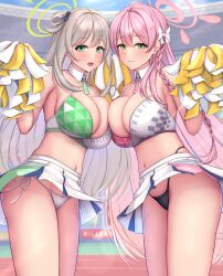 Rule 34 | 2girls, :d, alternate costume, bare shoulders, black panties, blue archive, blush, bow, breasts, cleavage, closed mouth, commentary request, detached collar, green eyes, grey hair, hair bow, hair ornament, halo, hanako (blue archive), highres, holding, holding pom poms, large breasts, long hair, looking at viewer, melopun, millennium cheerleader outfit (blue archive), multiple girls, navel, nonomi (blue archive), open mouth, outdoors, panties, pink hair, pleated skirt, pom pom (cheerleading), pom poms, side-tie panties, skirt, smile, stomach, thighs, underwear, white bow, white panties