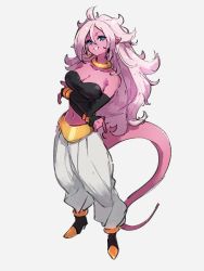 Rule 34 | 1girl, android 21, arms under breasts, baggy pants, bare shoulders, black footwear, black gloves, blue eyes, bracelet, breasts, collarbone, colored skin, contrapposto, crossed arms, dragon ball, dragon ball fighterz, ear piercing, earrings, elbow gloves, full body, gloves, grey background, grin, hoop earrings, jewelry, kemachiku, large breasts, legs apart, light persona, long hair, looking at viewer, looking up, majin android 21, midriff, navel, neck ring, pants, piercing, pink skin, shiny skin, shoes, simple background, smile, solo, spiked hair, standing, strapless, tail, tube top, wavy hair, white hair, white pants