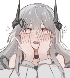 Rule 34 | 1girl, @ @, absurdres, arknights, bare shoulders, blush, commentary request, covering face, grey hair, hands up, highres, horns, long hair, looking at viewer, mudrock (arknights), nose blush, off shoulder, pink eyes, solo, upper body, wawamachi (wawamachis)