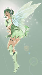 Rule 34 | 1girl, ass, bula, green eyes, green hair, highres, looking back, one eye closed, outstretched arm, pointy ears, skindentation, thigh strap, wings