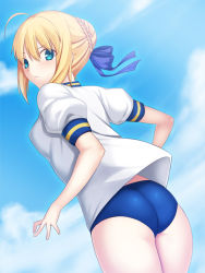 Rule 34 | 1girl, ahoge, arms at sides, artoria pendragon (all), artoria pendragon (fate), ass, blonde hair, blouse, blue ribbon, blue sky, blush, braid, braided bun, buruma, cloud, day, fate/stay night, fate (series), from behind, from side, frown, gym uniform, hair between eyes, hair bun, hair ribbon, looking at viewer, looking back, outdoors, parted bangs, puffy short sleeves, puffy sleeves, ribbon, saber (fate), scowl, shirt, short hair, short sleeves, single hair bun, sky, skylader, solo, sportswear, standing, thighs, white shirt