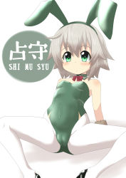 Rule 34 | 1girl, absurdres, animal ears, bare shoulders, black footwear, blush, bow, breasts, cameltoe, character name, closed mouth, collar, commentary request, covered navel, detached collar, fake animal ears, feet out of frame, goma (gomasamune), green collar, green eyes, green hairband, green leotard, grey hair, hair between eyes, hairband, high heels, highres, kantai collection, leotard, looking at viewer, pantyhose, playboy bunny, rabbit ears, red bow, shimushu (kancolle), shoes, small breasts, solo, spread legs, strapless, strapless leotard, white background, white pantyhose