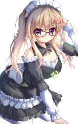 Rule 34 | 1girl, 9-nine-, absurdres, arm support, bare shoulders, black dress, blue eyes, blush, breasts, closed mouth, commentary, detached collar, detached sleeves, dress, eyes visible through hair, feet out of frame, frilled dress, frilled sleeves, frills, glasses, green ribbon, grey ribbon, hair between eyes, hand up, happy, highres, kneeling, kujou miyako, large breasts, leaning forward, light brown hair, long hair, long sleeves, looking at viewer, maid, maid headdress, neck ribbon, official alternate costume, official alternate hairstyle, puffy long sleeves, puffy sleeves, raised eyebrows, red-framed eyewear, ribbon, sidelocks, simple background, sleeveless, sleeveless dress, smile, solo, spaghetti strap, split mouth, tatika714, twintails, v, v over head, very long hair, waitress, white background