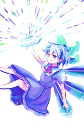 Rule 34 | 1girl, ba9ked, blue dress, blue eyes, blue hair, bow, cirno, collared shirt, crystal, dress, hair bow, ice crystal, light, matching hair/eyes, open mouth, photokinesis, prism, puffy short sleeves, puffy sleeves, reflection, ribbon, shirt, short hair, short sleeves, simple background, smile, solo, touhou, white background, white shirt