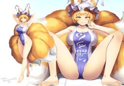 Rule 34 | 1girl, absurdres, arms behind head, bare legs, barefoot, blonde hair, blue one-piece swimsuit, breasts, cameltoe, cleavage, collarbone, fox tail, frilled hat, frills, full body, hat, highres, large breasts, mob cap, multicolored clothes, multicolored swimsuit, multiple tails, multiple views, one-piece swimsuit, patterned clothing, short hair, sitting, smile, soles, spread legs, standing, swimsuit, tail, tarmo, tassel, touhou, white one-piece swimsuit, yakumo ran, yellow eyes