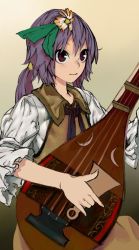 Rule 34 | 1girl, biwa lute, bow, dress, flower, gradient background, hair flower, hair ornament, hair ribbon, instrument, long hair, long sleeves, lute (instrument), music, onion (onion and pi-natto), playing instrument, puffy sleeves, purple eyes, purple hair, ribbon, simple background, smile, solo, touhou, tsukumo benben, twintails, wide sleeves