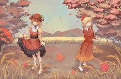 Rule 34 | 2girls, absurdres, aki minoriko, aki shizuha, apron, autumn, autumn leaves, barefoot, black skirt, blonde hair, breasts, choker, clothes lift, day, dress, flat chest, food, fruit, gradient dress, grapes, grey sky, hairband, hands up, hat, hat ornament, highres, leaf, legs, long sleeves, looking at viewer, looking up, mob cap, multiple girls, open hands, puffy long sleeves, puffy sleeves, red dress, ribbon choker, shirt, short hair, siblings, sisters, skirt, skirt lift, sky, standing, toes, touhou, tree, wheat field, wind, yashi kano ko, yellow dress, yellow eyes, yellow shirt