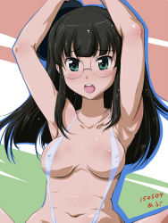 Rule 34 | 10s, 1girl, abriel00, areola slip, arms up, beret, black hair, blush, breasts, character request, covered erect nipples, extra, girls und panzer, glasses, green eyes, hat, unworn hat, unworn headwear, long hair, navel, open mouth, slingshot swimsuit, solo, spread legs, swimsuit