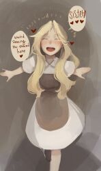 Rule 34 | 1girl, absurdres, aftersex, apron, blonde hair, blush, brown apron, closed eyes, commentary, cum, cum on neck, dress, english commentary, english text, facing viewer, freckles, highres, long hair, open mouth, original, short sleeves, solo, speech bubble, standing, sushoartworks, white dress