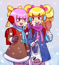 Rule 34 | 2girls, amelie (ghost trick), backpack, bag, blonde hair, blue coat, blush, bow, brown coat, coat, drill hair, food, ghost trick, gloves, hair ornament, highres, kamila (ghost trick), multiple girls, open mouth, pink ribbon, purple hair, ribbon, scarf, short hair, smile, snowing, turkey (food), twintails, winter clothes, winter coat, yellow bow