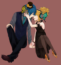 Rule 34 | 1boy, 1girl, akiyoshi, akiyoshi (tama-pete), alternate hairstyle, aqua eyes, armband, bad id, bad pixiv id, black dress, blonde hair, blue hair, butterfly hair ornament, butterfly wings, couple, dress, face-to-face, formal, hair ornament, headphones, hetero, high heels, imminent kiss, insect wings, kagamine rin, kaito (vocaloid), magnet (vocaloid), necktie, pantyhose, shoes, short hair, sitting, striped clothes, striped legwear, striped pantyhose, vertical-striped clothes, vertical-striped pantyhose, vocaloid, wings
