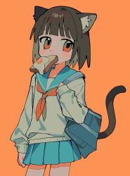 Rule 34 | 1girl, animal ear fluff, animal ears, bag, blue sailor collar, blue skirt, blunt bangs, bread slice, brown hair, cat ears, cat girl, cat tail, cowboy shot, flat chest, food, food in mouth, fried egg, highres, holding strap, long sleeves, looking at viewer, medium hair, miniskirt, mouth hold, neckerchief, orange background, orange eyes, orange neckerchief, original, pleated skirt, sailor collar, sailor shirt, school bag, school uniform, serafuku, shirt, shoulder bag, simple background, skirt, solo, standing, tail, toast, toast in mouth, umipi, white shirt