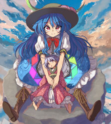 Rule 34 | 2girls, barefoot, black headwear, blue hair, blue sky, boots, bow, bowtie, brown headwear, closed mouth, cloud, food, fruit, full body, highres, hinanawi tenshi, japanese clothes, keystone, kimono, leaf, long hair, looking at another, looking at viewer, mini person, minigirl, multiple girls, open mouth, outdoors, peach, purple hair, red bow, red bowtie, red eyes, red kimono, shirt, short hair, short sleeves, sitting, sky, smile, sukuna shinmyoumaru, syope, touhou, white shirt