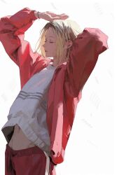 Rule 34 | 1boy, 96yottea, absurdres, arm up, blonde hair, bracelet, brown hair, closed eyes, haikyuu!!, highres, jacket, jewelry, kozume kenma, male focus, medium hair, multicolored hair, navel, open mouth, pants, red jacket, red pants, shirt, sidelocks, simple background, solo, standing, stomach, streaked hair, white background, white shirt
